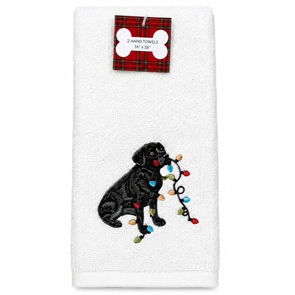 Christmas Hand Towels Set of 2 Black Dog Embroidered Cotton 16x26 Holiday